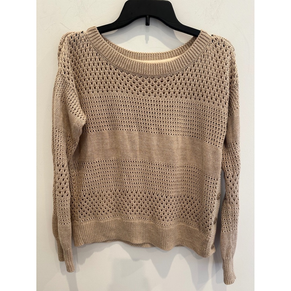 Victorias Secret Tan Open Knit Cotton Linen Blend Side Button Sweater M